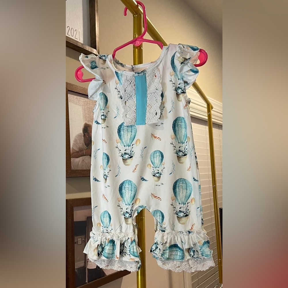 Okie & Lou Summer Onesie w/ rabbits and balloons  6-12m, 2x available